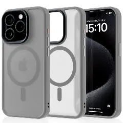 Husa MagSafe pentru iPhone 15 Pro, CASEY STUDIOS, de Protectie, Slim, pentru Incarcare Wireless, Margini Ridicate pentru Protectia Ecranului si a Camerelor Light Grey 