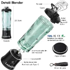 Mini Blender Portabil LAGATO Crystal Pro, 24000 RMP, 270W, 4000mAh, Capacitate 600ml, Type-C, 6 Lame de Otel, Tehnologie Pulse, Design Unic, Impermeabil, Smoothie-uri, Sucuri, Shake-uri Proteice Negru