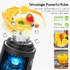 Mini Blender Portabil LAGATO Crystal Pro, 24000 RMP, 270W, 4000mAh, Capacitate 600ml, Type-C, 6 Lame de Otel, Tehnologie Pulse, Design Unic, Impermeabil, Smoothie-uri, Sucuri, Shake-uri Proteice Negru