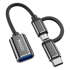Adaptor - Type-C & Micro USB la USB 3.0, Plug & Play, 5Gbps Yesido 2in1 OTG Cable, GS02 - Negru