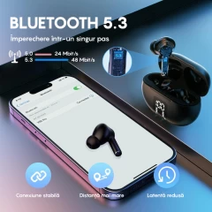 Casti Wireless Bluetooth 5.3 Lagato Gen1 Pro cu anularea zgomotului ambiental, in-ear, Latenta redusa, Afisaj digital, Hi-Fi, Microfon, Autonomie 40 ore, Control tactil inteligent, Sport, Negru Negru