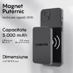 Baterie Externa Wireless MagSafe LAGATO VoltEdge Pro 5000 mAh, 20W, Compatibila iPhone 15/15 Plus/15 Pro/15 Pro Max, iPhone 14/13/12 si Android, Incarcare rapida, Magnetica, Portabila, Negru Negru