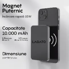 Baterie Externa Wireless MagSafe LAGATO VoltEdge Pro 10000 mAh, 20W, Compatibila iPhone 15/15 Plus/15 Pro/15 Pro Max, iPhone 14/13/12 si Android, Incarcare rapida, Magnetica, Portabila, Negruapida, Magnetica, Portabila, Negru Negru