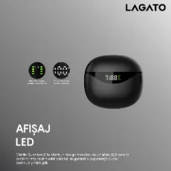 Căști wireless Bluetooth 5.3 Lagato Quantum Elite , anularea zgomotului ambiental, in-ear, sunet clar, microfon HD încorporat, control tactil inteligent, 48 de ore de redare, încărcare rapidă USB-C rezistență la apă IPX8 pentru sport Negru