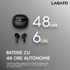 Căști wireless Bluetooth 5.3 Lagato Quantum Elite , anularea zgomotului ambiental, in-ear, sunet clar, microfon HD încorporat, control tactil inteligent, 48 de ore de redare, încărcare rapidă USB-C rezistență la apă IPX8 pentru sport Negru