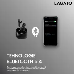 Căști wireless Bluetooth 5.3 Lagato Quantum Elite , anularea zgomotului ambiental, in-ear, sunet clar, microfon HD încorporat, control tactil inteligent, 48 de ore de redare, încărcare rapidă USB-C rezistență la apă IPX8 pentru sport Negru