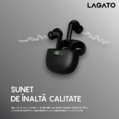 Căști wireless Bluetooth 5.3 Lagato Quantum Elite , anularea zgomotului ambiental, in-ear, sunet clar, microfon HD încorporat, control tactil inteligent, 48 de ore de redare, încărcare rapidă USB-C rezistență la apă IPX8 pentru sport Negru