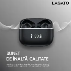 Casti Wireless Bluetooth 5.3 Lagato Aurora X cu anularea zgomotului ambiental, in-ear, Latenta redusa, Afisaj digital, Hi-Fi, Microfon, Autonomie 40 ore, Control tactil inteligent, Sport, Negru Negru