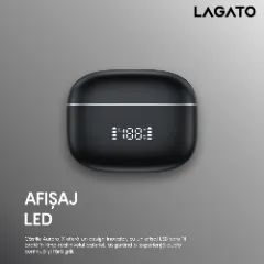 Casti Wireless Bluetooth 5.3 Lagato Aurora X cu anularea zgomotului ambiental, in-ear, Latenta redusa, Afisaj digital, Hi-Fi, Microfon, Autonomie 40 ore, Control tactil inteligent, Sport, Negru Negru