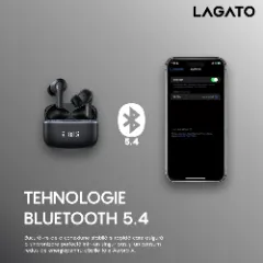 Casti Wireless Bluetooth 5.3 Lagato Aurora X cu anularea zgomotului ambiental, in-ear, Latenta redusa, Afisaj digital, Hi-Fi, Microfon, Autonomie 40 ore, Control tactil inteligent, Sport, Negru Negru