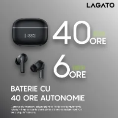 Casti Wireless Bluetooth 5.3 Lagato Aurora X cu anularea zgomotului ambiental, in-ear, Latenta redusa, Afisaj digital, Hi-Fi, Microfon, Autonomie 40 ore, Control tactil inteligent, Sport, Negru Negru