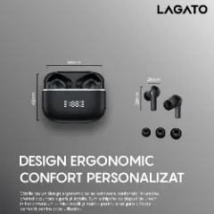 Casti Wireless Bluetooth 5.3 Lagato Aurora X cu anularea zgomotului ambiental, in-ear, Latenta redusa, Afisaj digital, Hi-Fi, Microfon, Autonomie 40 ore, Control tactil inteligent, Sport, Negru Negru