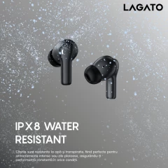 Casti Wireless Bluetooth 5.3 Lagato Aurora X cu anularea zgomotului ambiental, in-ear, Latenta redusa, Afisaj digital, Hi-Fi, Microfon, Autonomie 40 ore, Control tactil inteligent, Sport, Negru Negru