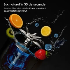 Mini Blender Portabil LAGATO Classic Pro, 24000 RMP, 150W, 4000mAh, Capacitate 500ml, 6 Lame Ascutite de Otel, Tehnologie Pulse, Design Unic, Impermeabil, Smoothie-uri, Sucuri, Shake-uri Proteice, Negru Negru