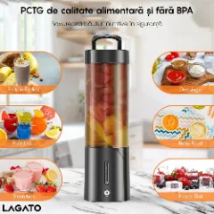 Mini Blender Portabil LAGATO Classic Pro, 24000 RMP, 150W, 4000mAh, Capacitate 500ml, 6 Lame Ascutite de Otel, Tehnologie Pulse, Design Unic, Impermeabil, Smoothie-uri, Sucuri, Shake-uri Proteice, Negru Negru