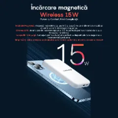 Baterie Externa Wireless MagSafe LAGATO MS1 Pro 5000 mAh, 20W, Compatibila iPhone 15/15 Plus/15 Pro/15 Pro Max, iPhone 14/13/12 si Android, Incarcare rapida, Magnetica, Portabila, Alb/Negru Alb