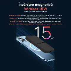 Baterie Externa Wireless MagSafe LAGATO MS1 Pro 5000 mAh, 20W, Compatibila iPhone 15/15 Plus/15 Pro/15 Pro Max, iPhone 14/13/12 si Android, Incarcare rapida, Magnetica, Portabila, Alb/Negru Negru