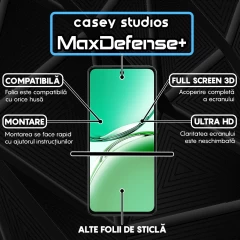 Folie Sticla CASEY STUDIOS? pentru Oppo Reno 12 F 4G, Full Glue, Sticla Securizata, Duritate Militara, Ultra HD, Protectie Profesionala Ecran 3D, Anti Zgarieturi, Anti Socuri, Negru Negru