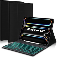 Husa cu Tastatura Iluminata compatibila cu iPad Pro 13 2024, CASEY STUDIOS?, Tastatura Iluminata RGB in 7 Culori, Wireless, Bluetooth 5.3, Unghiuri Ajustabile, Port USB-C, Cablu Type-C, Suport Stylus Pen, Negru