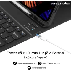 Husa cu Tastatura Iluminata compatibila cu iPad Pro 13 2024, CASEY STUDIOS?, Tastatura Iluminata RGB in 7 Culori, Wireless, Bluetooth 5.3, Unghiuri Ajustabile, Port USB-C, Cablu Type-C, Suport Stylus Pen, Negru Negru