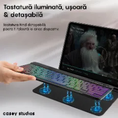 Husa cu Tastatura Iluminata compatibila cu iPad Pro 13 2024, CASEY STUDIOS?, Tastatura Iluminata RGB in 7 Culori, Wireless, Bluetooth 5.3, Unghiuri Ajustabile, Port USB-C, Cablu Type-C, Suport Stylus Pen, Negru Negru