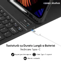 Husa cu Tastatura Iluminata compatibila cu iPad Pro 11 2024, CASEY STUDIOS?, Tastatura Iluminata RGB in 7 Culori, Wireless, Bluetooth 5.3, Unghiuri Ajustabile, Port USB-C, Cablu Type-C, Suport Stylus Pen, Negru Negru