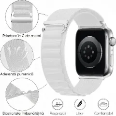 Curea Alpine Loop compatibila cu Apple Watch Ultra 2/Ultra/SE/9/8/7/6/5/4/3/2/1 - 42/44/45/49MM CASEY STUDIOS, Ajustabila, Respirabila, Material din Nailon Alb