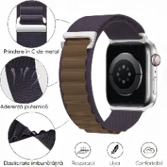 Curea Alpine Loop compatibila cu Apple Watch Ultra 2/Ultra/SE/9/8/7/6/5/4/3/2/1 - 42/44/45/49MM CASEY STUDIOS, Ajustabila, Respirabila, Material din Nailon Mov