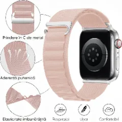 Curea Alpine Loop compatibila cu Apple Watch Ultra 2/Ultra/SE/9/8/7/6/5/4/3/2/1 - 42/44/45/49MM CASEY STUDIOS, Ajustabila, Respirabila, Material din Nailon Pink Sand