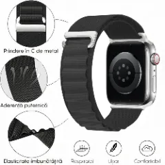 Curea Alpine Loop compatibila cu Apple Watch Ultra 2/Ultra/SE/9/8/7/6/5/4/3/2/1 - 42/44/45/49MM CASEY STUDIOS, Ajustabila, Respirabila, Material din Nailon Negru