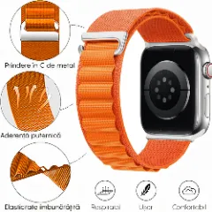 Curea Alpine Loop compatibila cu Apple Watch Ultra 2/Ultra/SE/9/8/7/6/5/4/3/2/1 - 42/44/45/49MM CASEY STUDIOS, Ajustabila, Respirabila, Material din Nailon Portocaliu