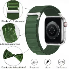 Curea Alpine Loop compatibila cu Apple Watch Ultra 2/Ultra/SE/9/8/7/6/5/4/3/2/1 - 42/44/45/49MM CASEY STUDIOS, Ajustabila, Respirabila, Material din Nailon Verde Inchis