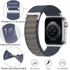 Curea Alpine Loop compatibila cu Apple Watch Ultra 2/Ultra/SE/9/8/7/6/5/4/3/2/1 - 42/44/45/49MM CASEY STUDIOS, Ajustabila, Respirabila, Material din Nailon Albastru