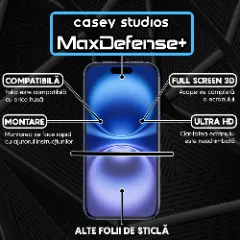 Folie Sticla CASEY STUDIOS pentru iPhone 16, MaxDefense+ Classic, Full Glue, Sticla Securizata, Duritate Militara, Ultra HD, Protectie Profesionala Ecran 3D, Anti Zgarieturi, Anti Socuri Transparent