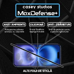 Folie Sticla CASEY STUDIOS pentru iPhone 16, MaxDefense+ Classic, Full Glue, Sticla Securizata, Duritate Militara, Ultra HD, Protectie Profesionala Ecran 3D, Anti Zgarieturi, Anti Socuri Transparent