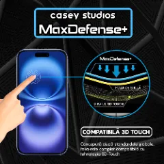 Folie Sticla CASEY STUDIOS pentru iPhone 16, MaxDefense+ Classic, Full Glue, Sticla Securizata, Duritate Militara, Ultra HD, Protectie Profesionala Ecran 3D, Anti Zgarieturi, Anti Socuri Transparent