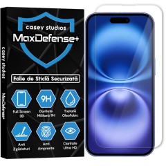 Folie Sticla CASEY STUDIOS pentru iPhone 16, MaxDefense+ Classic, Full Glue, Sticla Securizata, Duritate Militara, Ultra HD, Protectie Profesionala Ecran 3D, Anti Zgarieturi, Anti Socuri