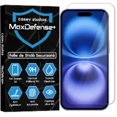 Folie Sticla CASEY STUDIOS pentru iPhone 16, MaxDefense+ Classic, Full Glue, Sticla Securizata, Duritate Militara, Ultra HD, Protectie Profesionala Ecran 3D, Anti Zgarieturi, Anti Socuri Transparent