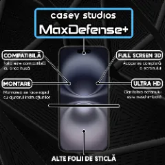 Folie Sticla CASEY STUDIOS pentru iPhone 16 Plus, MaxDefense+ Classic, Full Glue, Sticla Securizata, Duritate Militara, Ultra HD, Protectie Profesionala Ecran 3D, Anti Zgarieturi, Anti Socuri Transparent