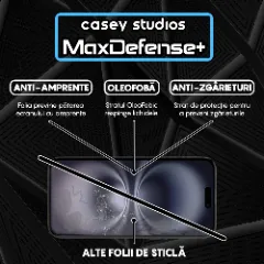 Folie Sticla CASEY STUDIOS pentru iPhone 16 Plus, MaxDefense+ Classic, Full Glue, Sticla Securizata, Duritate Militara, Ultra HD, Protectie Profesionala Ecran 3D, Anti Zgarieturi, Anti Socuri Transparent