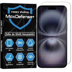 Folie Sticla CASEY STUDIOS pentru iPhone 16 Plus, MaxDefense+ Classic, Full Glue, Sticla Securizata, Duritate Militara, Ultra HD, Protectie Profesionala Ecran 3D, Anti Zgarieturi, Anti Socuri