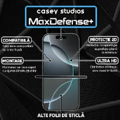 Folie Sticla CASEY STUDIOS pentru iPhone 16 Pro, MaxDefense+ Classic, Full Glue, Sticla Securizata, Duritate Militara, Ultra HD, Protectie Profesionala Ecran 2D, Anti Zgarieturi, Anti Socuri Transparent
