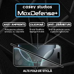 Folie Sticla CASEY STUDIOS pentru iPhone 16 Pro, MaxDefense+ Classic, Full Glue, Sticla Securizata, Duritate Militara, Ultra HD, Protectie Profesionala Ecran 3D, Anti Zgarieturi, Anti Socuri Transparent