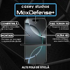 Folie Sticla CASEY STUDIOS pentru iPhone 16 Pro, MaxDefense+ Classic, Full Glue, Sticla Securizata, Duritate Militara, Ultra HD, Protectie Profesionala Ecran 3D, Anti Zgarieturi, Anti Socuri Transparent