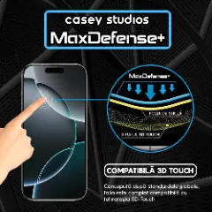 Folie Sticla CASEY STUDIOS pentru iPhone 16 Pro, MaxDefense+ Classic, Full Glue, Sticla Securizata, Duritate Militara, Ultra HD, Protectie Profesionala Ecran 3D, Anti Zgarieturi, Anti Socuri Transparent