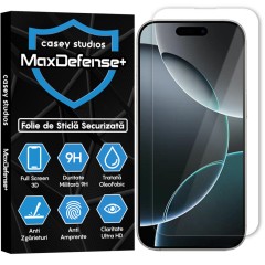 Folie Sticla CASEY STUDIOS pentru iPhone 16 Pro, MaxDefense+ Classic, Full Glue, Sticla Securizata, Duritate Militara, Ultra HD, Protectie Profesionala Ecran 3D, Anti Zgarieturi, Anti Socuri