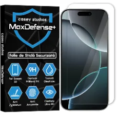 Folie Sticla CASEY STUDIOS pentru iPhone 16 Pro, MaxDefense+ Classic, Full Glue, Sticla Securizata, Duritate Militara, Ultra HD, Protectie Profesionala Ecran 3D, Anti Zgarieturi, Anti Socuri Transparent