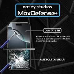 Folie Sticla CASEY STUDIOS pentru iPhone 16 Pro, MaxDefense+ Classic, Full Glue, Sticla Securizata, Duritate Militara, Ultra HD, Protectie Profesionala Ecran 3D, Anti Zgarieturi, Anti Socuri Transparent