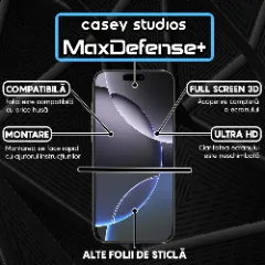 Folie Sticla CASEY STUDIOS pentru iPhone 16 Pro Max, MaxDefense+ Classic, Full Glue, Sticla Securizata, Duritate Militara, Ultra HD, Protectie Profesionala Ecran 3D, Anti Zgarieturi, Anti Socuri Transparent