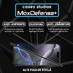 Folie Sticla CASEY STUDIOS pentru iPhone 16 Pro Max, MaxDefense+ Classic, Full Glue, Sticla Securizata, Duritate Militara, Ultra HD, Protectie Profesionala Ecran 3D, Anti Zgarieturi, Anti Socuri Transparent